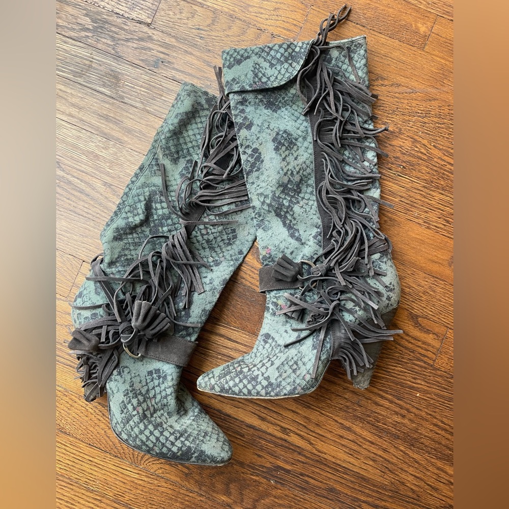 Isabel Marant Fringe, Green Patterned Boots.